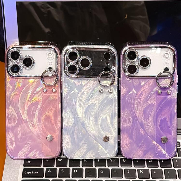 Capa de Telemóvel TPU com Suporte de Pulseira e Textura de Penas em Gaze Metalizada com Filme para Lente, Para iPhone 13