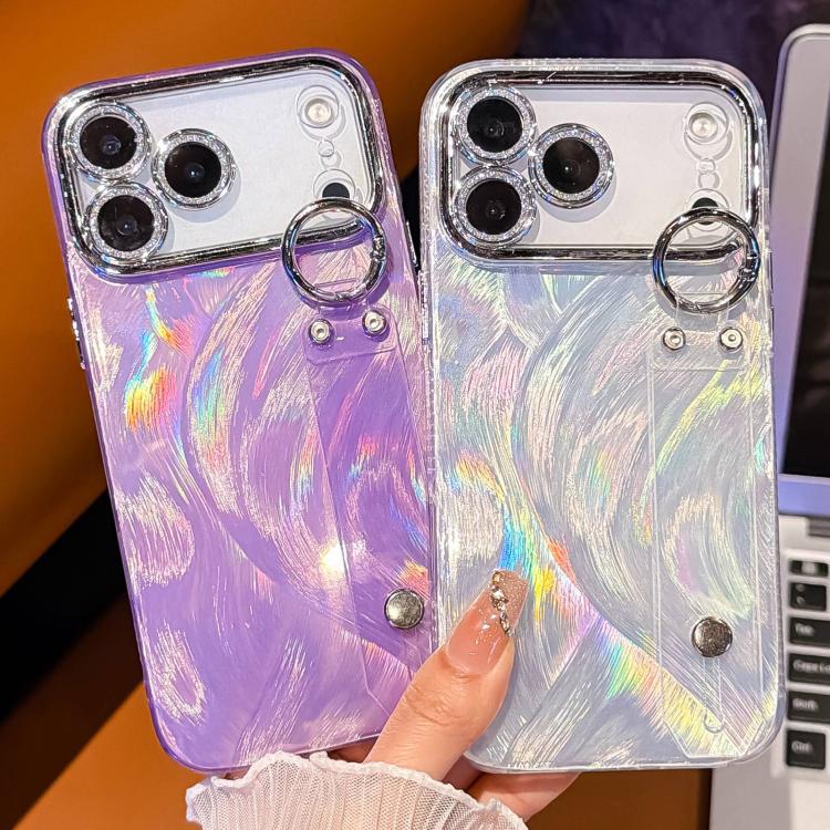 Capa de Telemóvel TPU com Suporte de Pulseira e Textura de Penas em Gaze Metalizada com Filme para Lente, Para iPhone 13