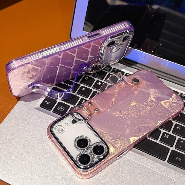 Capa de Telemóvel TPU com Suporte de Pulseira e Textura de Penas em Gaze Metalizada com Filme para Lente, Para iPhone 13