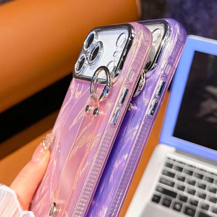 Capa de Telemóvel TPU com Suporte de Pulseira e Textura de Penas em Gaze Metalizada com Filme para Lente, Para iPhone 13