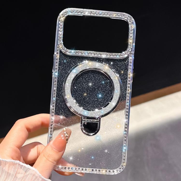 Capa de telemóvel IMD com suporte de pé e glitter de strass em ambos os lados, para iPhone 15 Pro Max, para iPhone 15 Pro, para iPhone 15, para iPhone 14, para iPhone 14 Pro, para iPhone 14 Pro Max, para iPhone 13 Pro Max, para iPhone 13 Pro