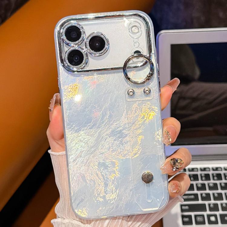 Capa para telemóvel TPU com suporte de pulseira textura metálica tipo folha de revestimento com película para lente, para iPhone 13