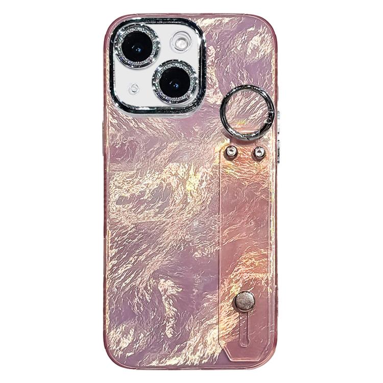 Capa para telemóvel TPU com suporte de pulseira textura metálica tipo folha de revestimento com película para lente, para iPhone 13