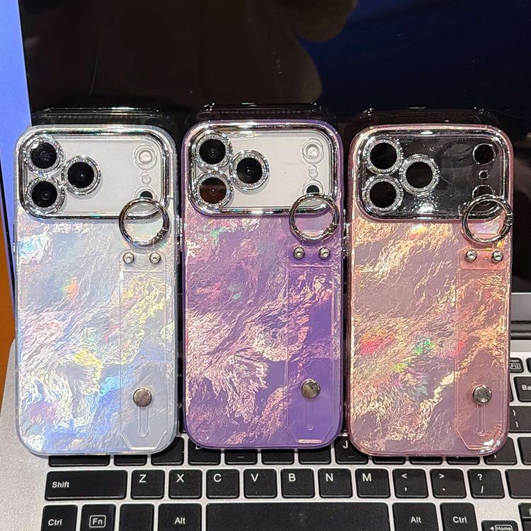Capa para telemóvel TPU com suporte de pulseira textura metálica tipo folha de revestimento com película para lente, para iPhone 13