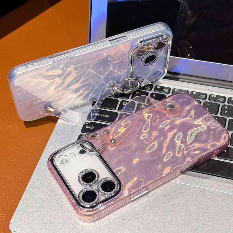 Capa para telemóvel TPU com suporte de pulseira textura metálica tipo folha de revestimento com película para lente, para iPhone 13