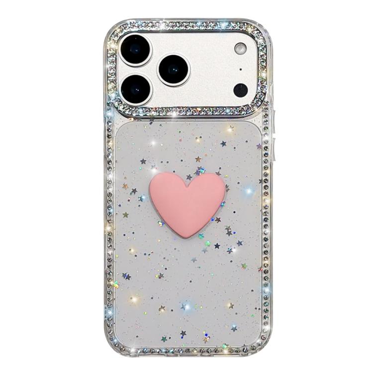 Capa de telemóvel com coração de amor IMD de dupla face com pedras brilhantes Flash, para iPhone 17e / 16e, para iPhone 17 Pro Max, para iPhone 17 Pro, para iPhone 17, para iPhone Air