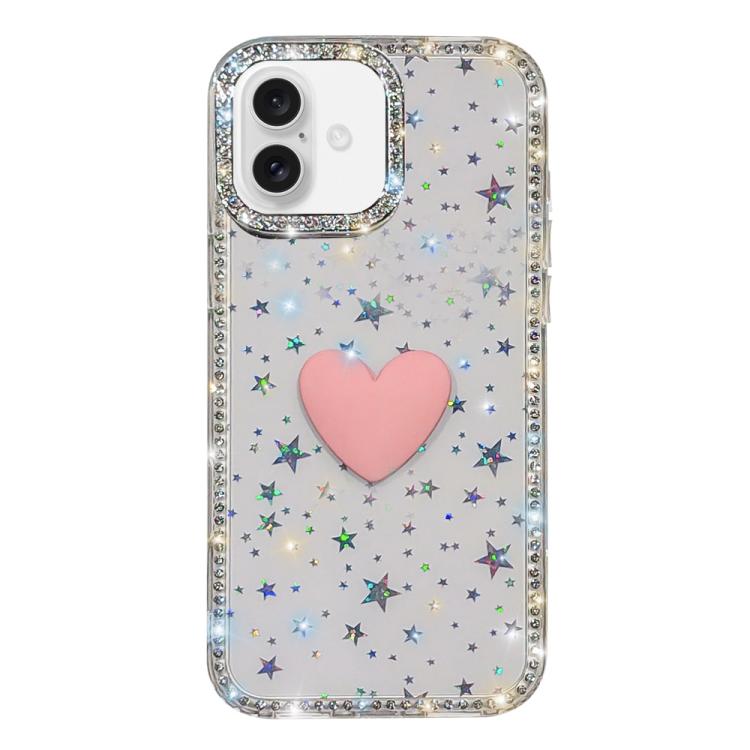 Capa de telemóvel com coração de amor IMD de dupla face com pedras brilhantes Flash, para iPhone 16 Pro Max, para iPhone 16 Pro, para iPhone 16 Plus, para iPhone 16, para iPhone 15 Pro Max