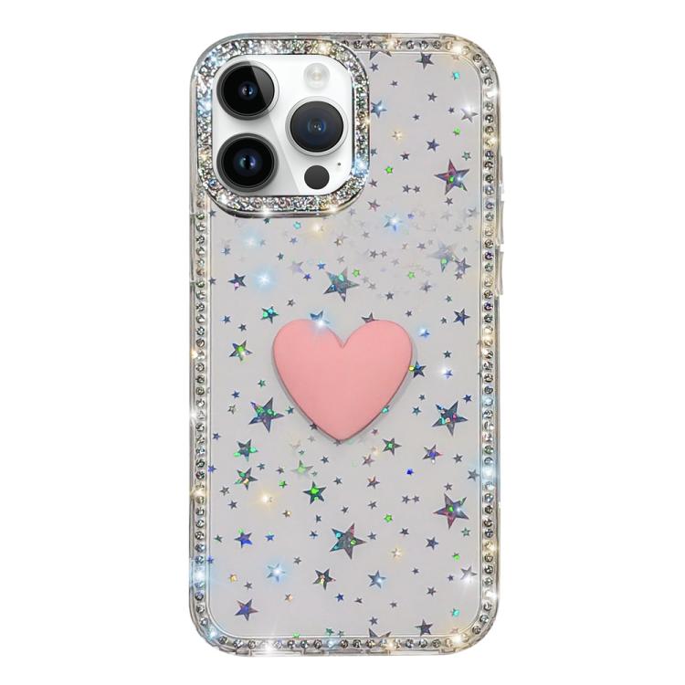 Capa de telemóvel com coração de amor IMD de dupla face com pedras brilhantes Flash, para iPhone 16 Pro Max, para iPhone 16 Pro, para iPhone 16 Plus, para iPhone 16, para iPhone 15 Pro Max