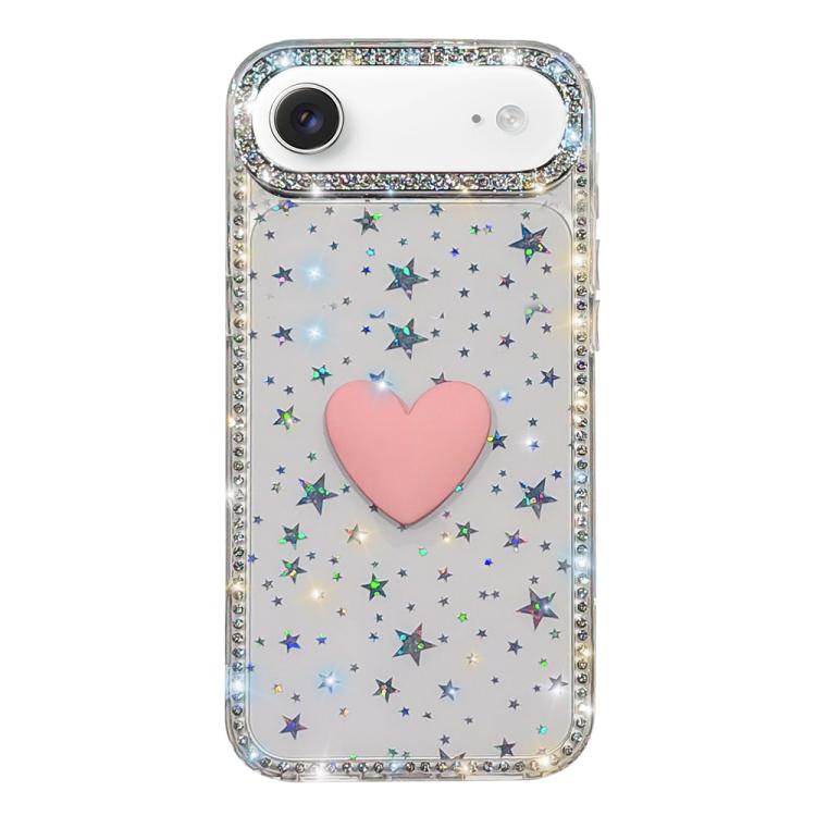 Capa de telemóvel com coração de amor IMD de dupla face com pedras brilhantes Flash, para iPhone 17e / 16e, para iPhone 17 Pro Max, para iPhone 17 Pro, para iPhone 17, para iPhone Air