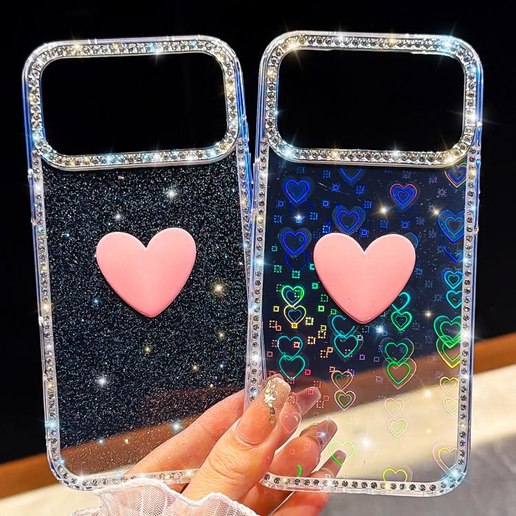 Capa de telemóvel com coração de amor IMD de dupla face com pedras brilhantes Flash, para iPhone 16 Pro Max, para iPhone 16 Pro, para iPhone 16 Plus, para iPhone 16, para iPhone 15 Pro Max
