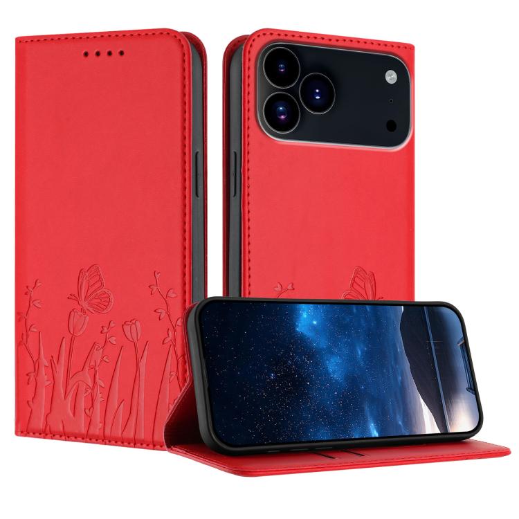 Capa de Telemóvel Magnética em Pele Vegana com Padrão de Tulipas e Borboletas, Para iPhone 17e / 16e, Para iPhone 17 Pro Max, Para iPhone 17 Pro, Para iPhone 17
