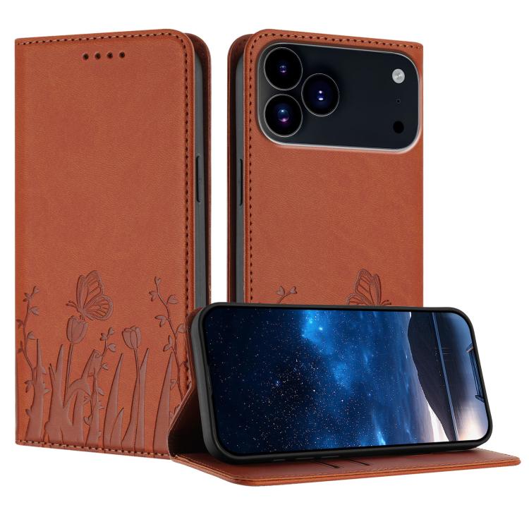 Capa de Telemóvel Magnética em Pele Vegana com Padrão de Tulipas e Borboletas, Para iPhone 17e / 16e, Para iPhone 17 Pro Max, Para iPhone 17 Pro, Para iPhone 17