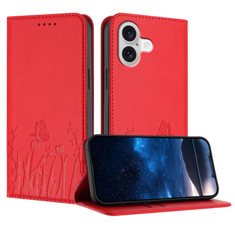 Capa de Telemóvel Magnética em Pele Vegana com Padrão de Tulipas e Borboletas, Para iPhone 17e / 16e, Para iPhone 17 Pro Max, Para iPhone 17 Pro, Para iPhone 17