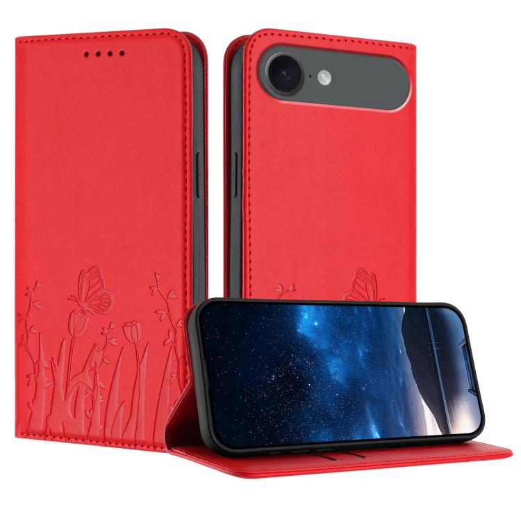 Capa de Telemóvel Magnética em Pele Vegana com Padrão de Tulipas e Borboletas, Para iPhone Air, Para iPhone 16 Pro Max, Para iPhone 16 Pro, Para iPhone 16 Plus