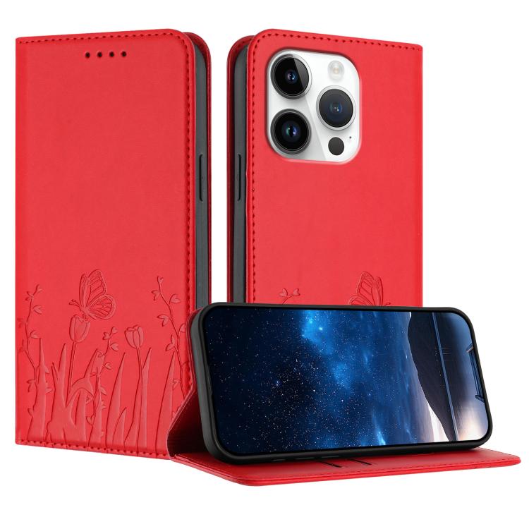 Capa de Telemóvel Magnética em Pele Vegana com Padrão de Tulipas e Borboletas, Para iPhone Air, Para iPhone 16 Pro Max, Para iPhone 16 Pro, Para iPhone 16 Plus