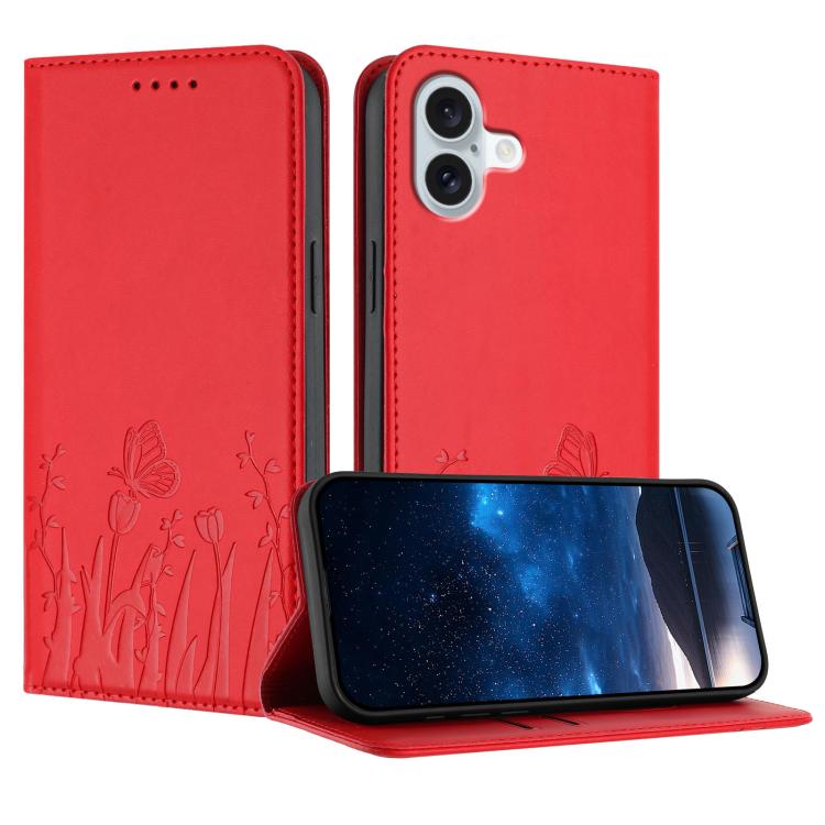 Capa de Telemóvel Magnética em Pele Vegana com Padrão de Tulipas e Borboletas, Para iPhone Air, Para iPhone 16 Pro Max, Para iPhone 16 Pro, Para iPhone 16 Plus