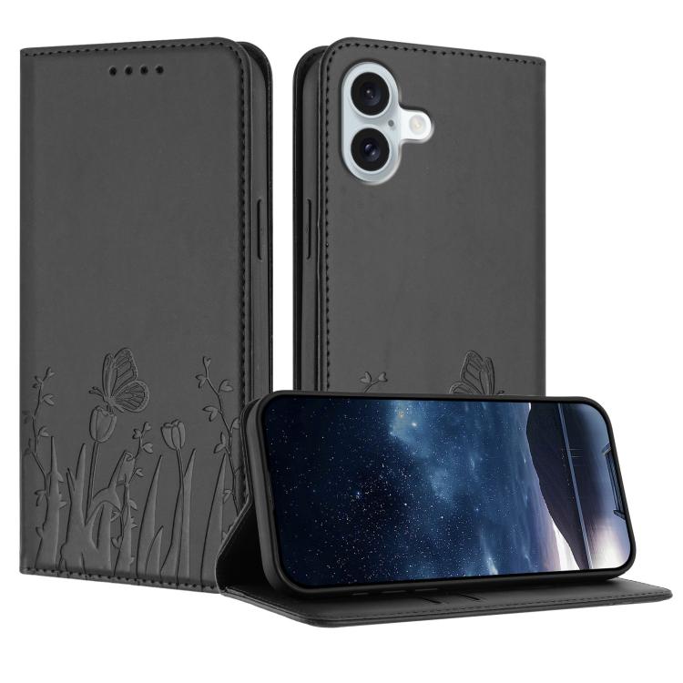 Capa de Telemóvel Magnética em Pele Vegana com Padrão de Tulipas e Borboletas, Para iPhone Air, Para iPhone 16 Pro Max, Para iPhone 16 Pro, Para iPhone 16 Plus