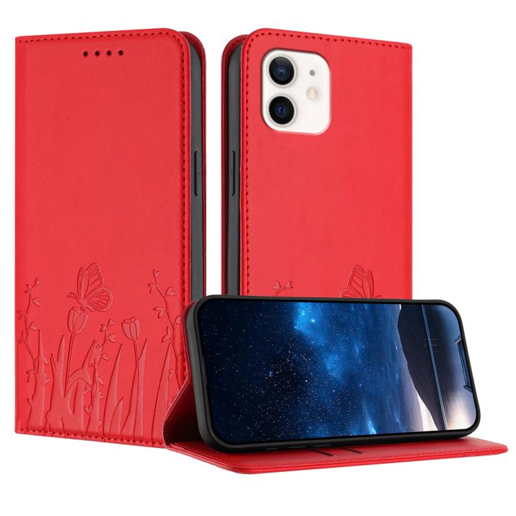 Tulips Butterfly Pattern Magnetic Vegan Leather Phone Case, For iPhone 13, For iPhone 13 mini, For iPhone 12 / 12 Pro, For iPhone 12 Pro Max