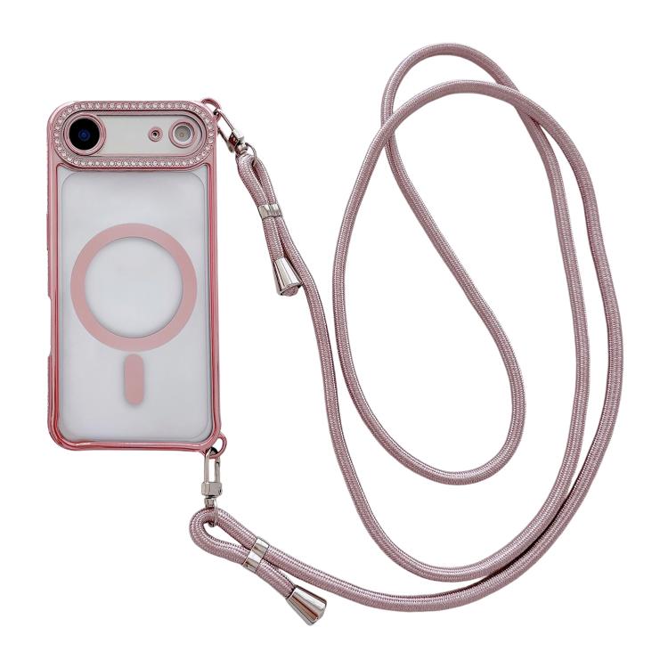 Rhinestone Clear Acrylic Electroplated Magnetic Phone Case with Right-Side Crossbody Lanyard, For iPhone 17 Pro Max, For iPhone 17 Pro, For iPhone 17, For iPhone Air, For iPhone 16 Pro Max, For iPhone 16 Pro, For iPhone 16 Plus, For iPhone 16          ...