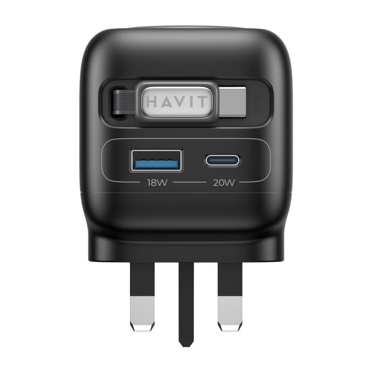 Carregador de Viagem GaN 3 em 1 Havit UC250 35W com Cabo Retrátil Type-C, UC250 (Ficha UK)