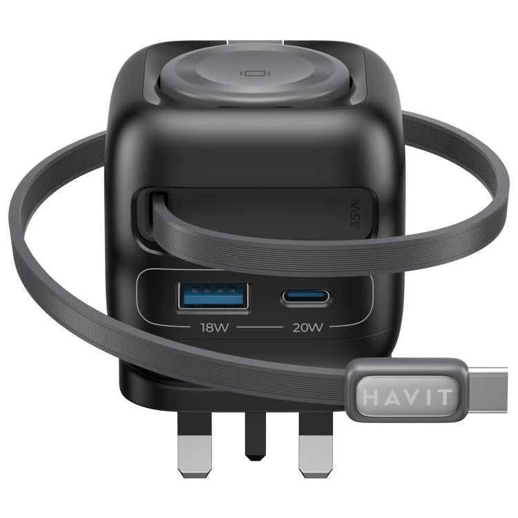 Carregador de Viagem GaN 3 em 1 Havit UC250 35W com Cabo Retrátil Type-C, UC250 (Ficha UK)