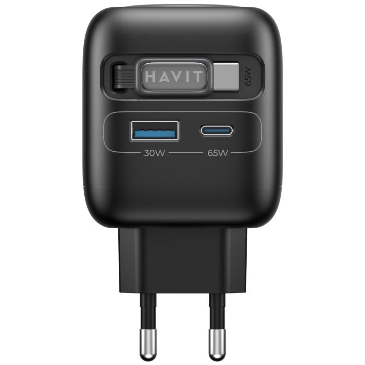 Carregador de Viagem Havit UC252 65W 3 em 1 GaN com Cabo Retrátil Type-C, UC252(Ficha UE), UC252(Ficha US)