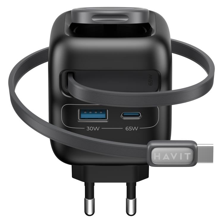 Carregador de Viagem Havit UC252 65W 3 em 1 GaN com Cabo Retrátil Type-C, UC252(Ficha UE), UC252(Ficha US)