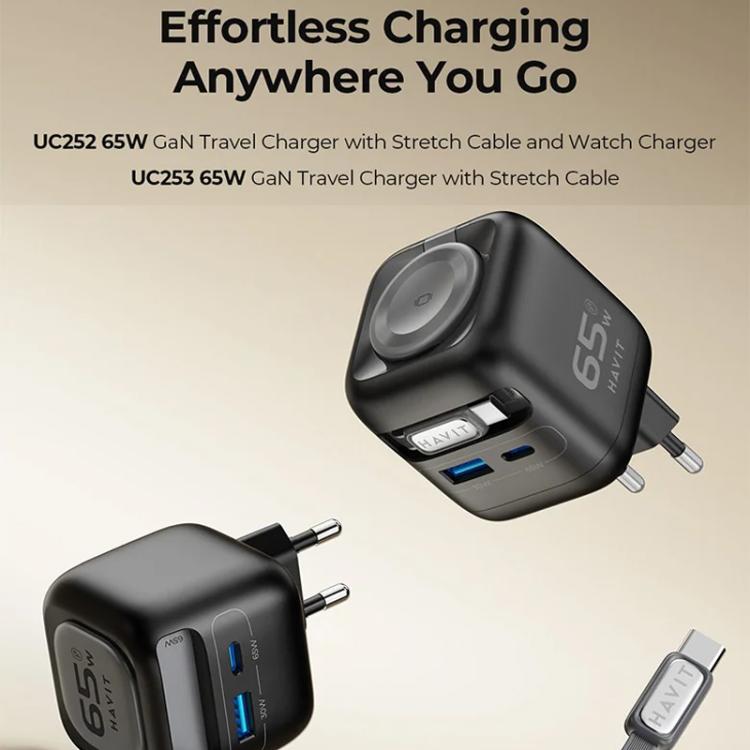 Carregador de Viagem Havit UC252 65W 3 em 1 GaN com Cabo Retrátil Type-C, UC252(Ficha UE), UC252(Ficha US)