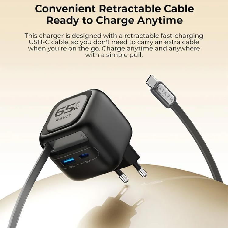 Carregador de Viagem Havit UC252 65W 3 em 1 GaN com Cabo Retrátil Type-C, UC252(Ficha UE), UC252(Ficha US)