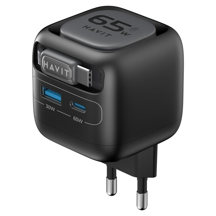 Carregador de Viagem Havit UC253 65W 3 em 1 GaN com Cabo Retrátil Type-C, UC253(Ficha UE)