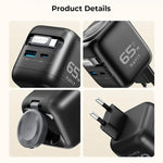 Carregador de Viagem Havit UC253 65W 3 em 1 GaN com Cabo Retrátil Type-C, UC253(Ficha UE)