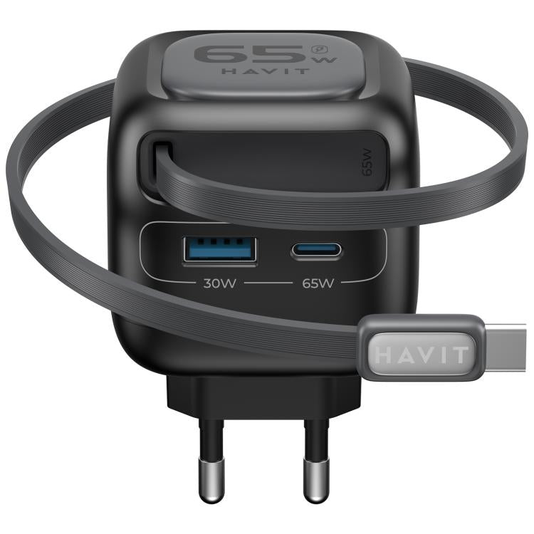 Carregador de Viagem Havit UC253 65W 3 em 1 GaN com Cabo Retrátil Type-C, UC253(Ficha UE)
