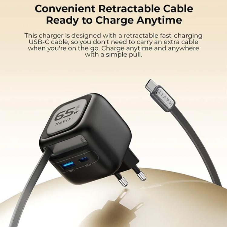 Carregador de Viagem Havit UC253 65W 3 em 1 GaN com Cabo Retrátil Type-C, UC253(Ficha UE)