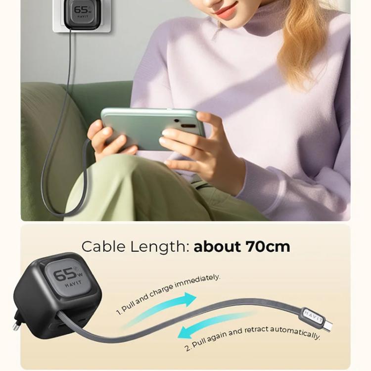 Carregador de Viagem Havit UC253 65W 3 em 1 GaN com Cabo Retrátil Type-C, UC253(Ficha UE)