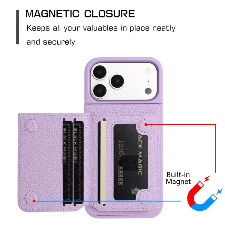 Capa para telemóvel com suporte para cartão magnético padrão lichia, para iPhone 17 Pro Max, para iPhone 17 Pro