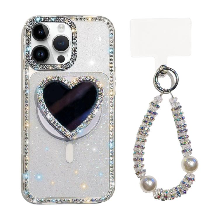 Sparkling IMD Heart-Shaped Mirror Magnetic Phone Case with Bracelet, For iPhone 15 Pro, For iPhone 15, For iPhone 14, For iPhone 14 Pro, For iPhone 14 Pro Max, For iPhone 13 Pro Max, For iPhone 13 Pro, For iPhone 13
