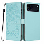 Capa de telemóvel em pele vegana com relevo de gato na árvore e fecho de aba, Para iPhone 17e / 16e, Para iPhone 17 Pro Max, Para iPhone 17 Pro, Para iPhone 17, Para iPhone Air, Para iPhone 16 Pro Max