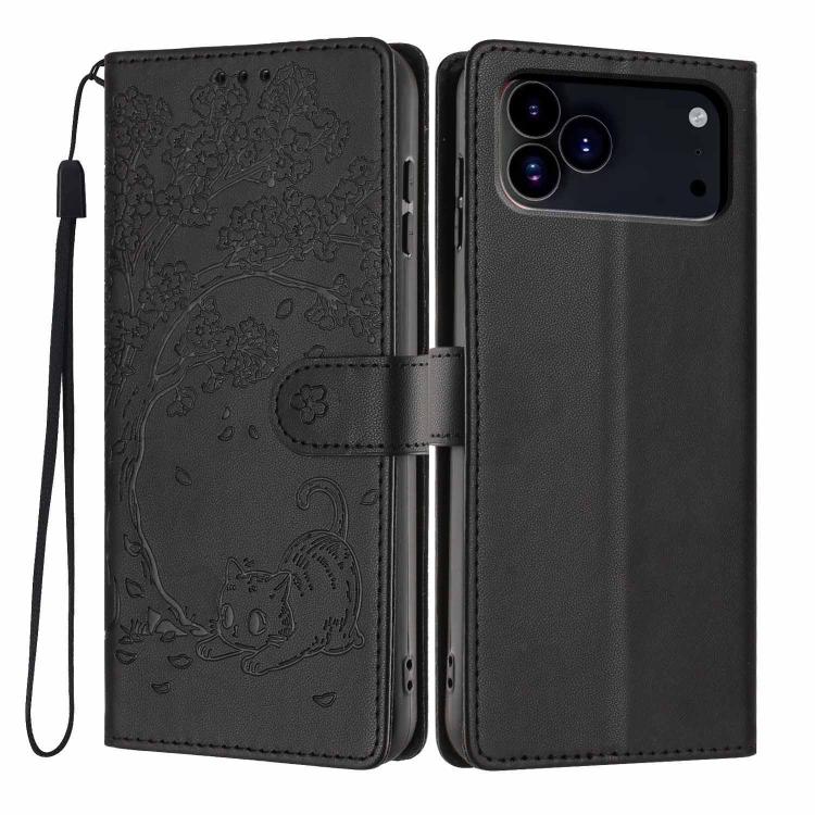 Capa de telemóvel em pele vegana com relevo de gato na árvore e fecho de aba, Para iPhone 17e / 16e, Para iPhone 17 Pro Max, Para iPhone 17 Pro, Para iPhone 17, Para iPhone Air, Para iPhone 16 Pro Max