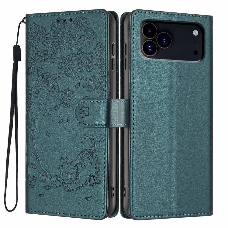 Capa de telemóvel em pele vegana com relevo de gato na árvore e fecho de aba, Para iPhone 17e / 16e, Para iPhone 17 Pro Max, Para iPhone 17 Pro, Para iPhone 17, Para iPhone Air, Para iPhone 16 Pro Max