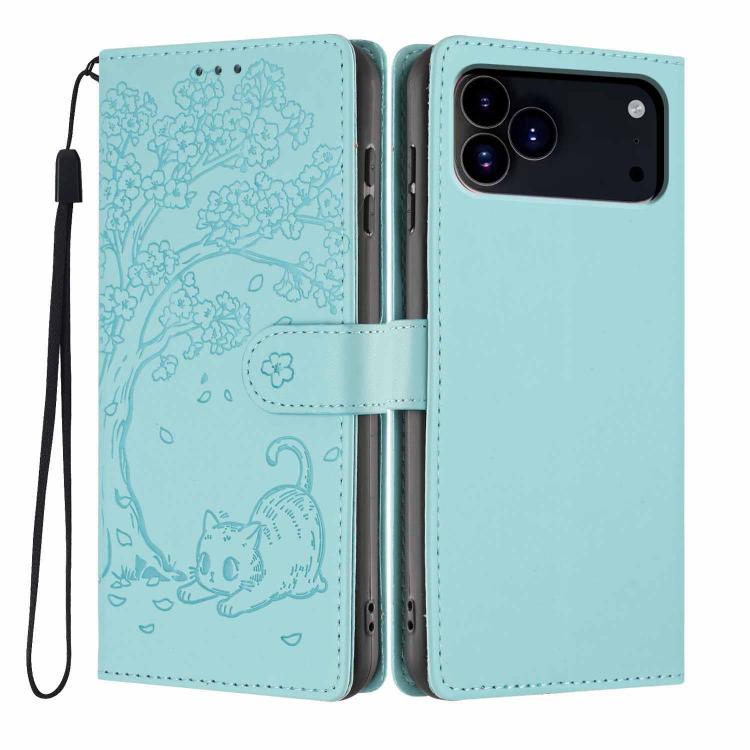 Capa de telemóvel em pele vegana com relevo de gato na árvore e fecho de aba, Para iPhone 17e / 16e, Para iPhone 17 Pro Max, Para iPhone 17 Pro, Para iPhone 17, Para iPhone Air, Para iPhone 16 Pro Max