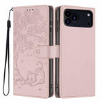 Capa de telemóvel em pele vegana com relevo de gato na árvore e fecho de aba, Para iPhone 17e / 16e, Para iPhone 17 Pro Max, Para iPhone 17 Pro, Para iPhone 17, Para iPhone Air, Para iPhone 16 Pro Max