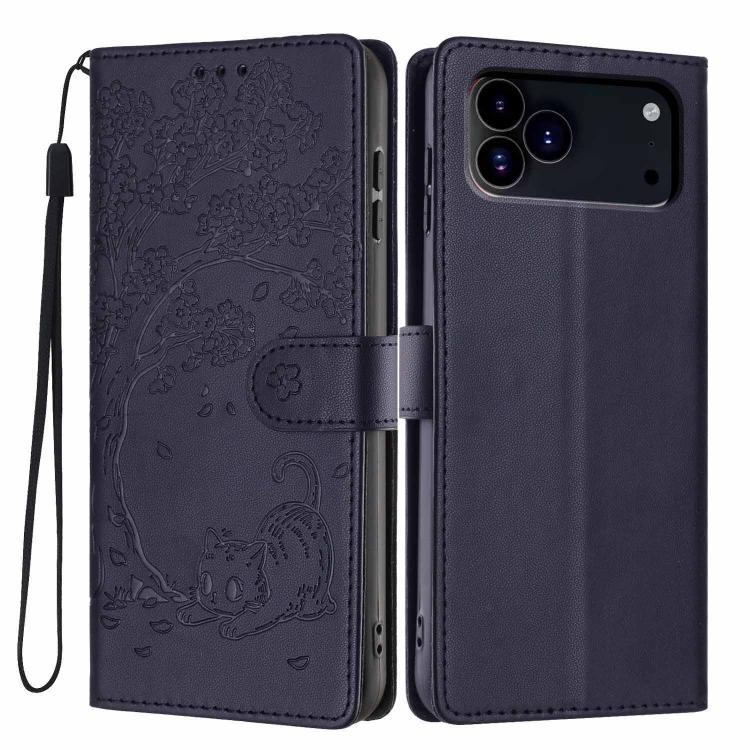 Capa de telemóvel em pele vegana com relevo de gato na árvore e fecho de aba, Para iPhone 17e / 16e, Para iPhone 17 Pro Max, Para iPhone 17 Pro, Para iPhone 17, Para iPhone Air, Para iPhone 16 Pro Max