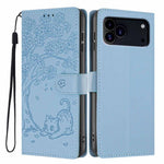 Capa de telemóvel em pele vegana com relevo de gato na árvore e fecho de aba, Para iPhone 17e / 16e, Para iPhone 17 Pro Max, Para iPhone 17 Pro, Para iPhone 17, Para iPhone Air, Para iPhone 16 Pro Max