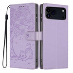 Capa de telemóvel em pele vegana com relevo de gato na árvore e fecho de aba, Para iPhone 17e / 16e, Para iPhone 17 Pro Max, Para iPhone 17 Pro, Para iPhone 17, Para iPhone Air, Para iPhone 16 Pro Max