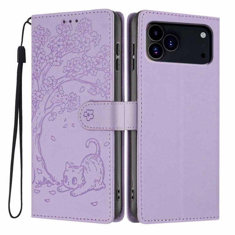 Capa de telemóvel em pele vegana com relevo de gato na árvore e fecho de aba, Para iPhone 17e / 16e, Para iPhone 17 Pro Max, Para iPhone 17 Pro, Para iPhone 17, Para iPhone Air, Para iPhone 16 Pro Max