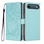 Capa de telemóvel em pele vegana com relevo de gato na árvore e fecho de aba, Para iPhone 17e / 16e, Para iPhone 17 Pro Max, Para iPhone 17 Pro, Para iPhone 17, Para iPhone Air, Para iPhone 16 Pro Max