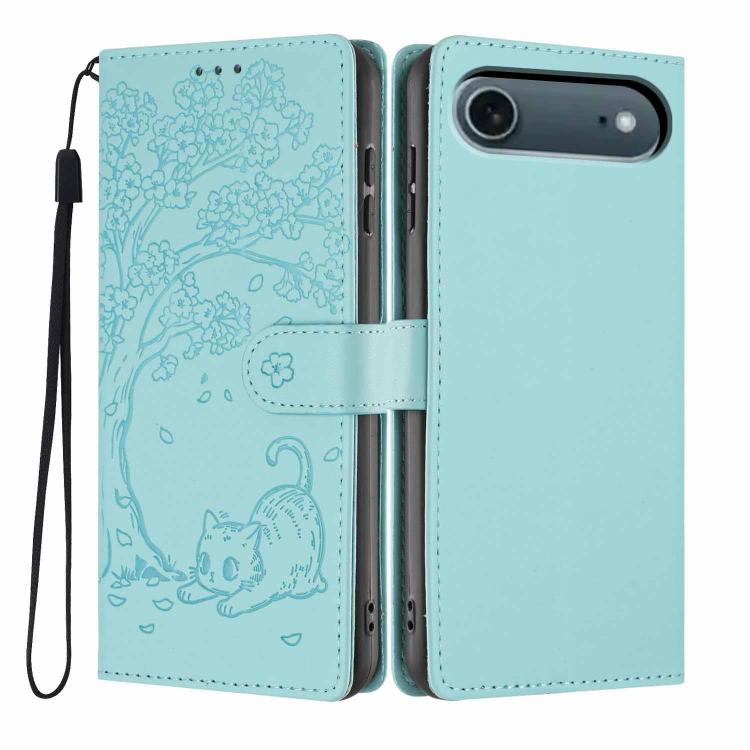 Capa de telemóvel em pele vegana com relevo de gato na árvore e fecho de aba, Para iPhone 17e / 16e, Para iPhone 17 Pro Max, Para iPhone 17 Pro, Para iPhone 17, Para iPhone Air, Para iPhone 16 Pro Max