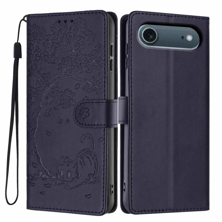 Capa de telemóvel em pele vegana com relevo de gato na árvore e fecho de aba, Para iPhone 17e / 16e, Para iPhone 17 Pro Max, Para iPhone 17 Pro, Para iPhone 17, Para iPhone Air, Para iPhone 16 Pro Max