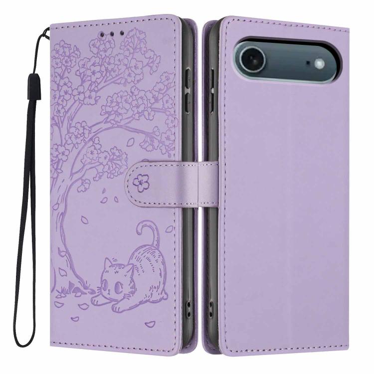 Capa de telemóvel em pele vegana com relevo de gato na árvore e fecho de aba, Para iPhone 17e / 16e, Para iPhone 17 Pro Max, Para iPhone 17 Pro, Para iPhone 17, Para iPhone Air, Para iPhone 16 Pro Max