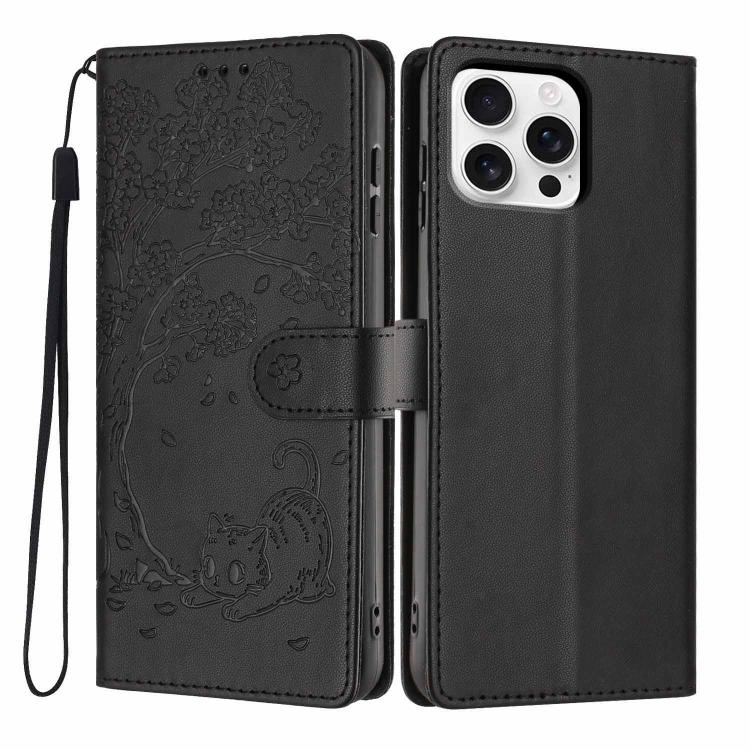 Capa de telemóvel em pele vegana com relevo de gato na árvore e fecho de aba, Para iPhone 17e / 16e, Para iPhone 17 Pro Max, Para iPhone 17 Pro, Para iPhone 17, Para iPhone Air, Para iPhone 16 Pro Max